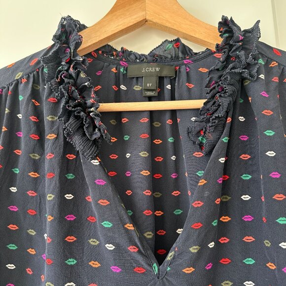 J.Crew Ruffle-Neck Silk Top in Lips Print size 8 Tall Navy Blue 100% Silk - Picture 7 of 12